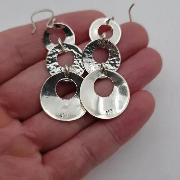 950 Silver Bright Tiered Circles Dangle Earrings A3493 - Picture 3 of 5